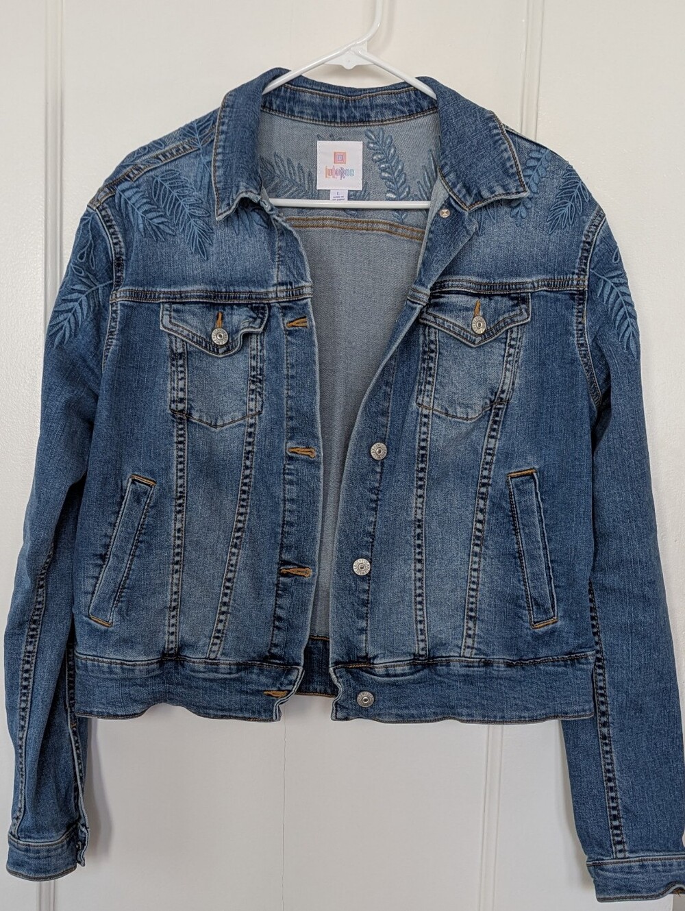 LulaRoe Embroidered Blue Denim Jacket